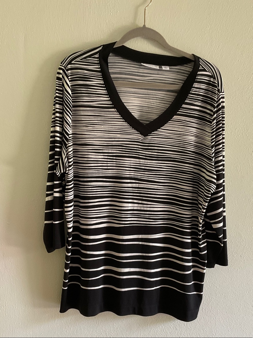 Susan Graver Black and White Striped V-Neck Long Sleeve Top